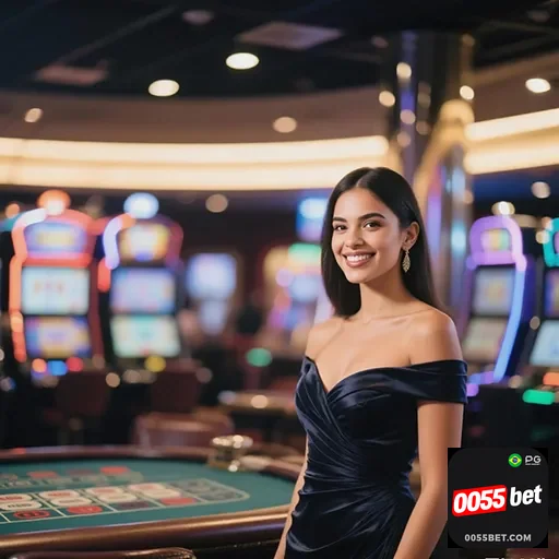 Imagem de um cassino com ambiente animado do site 0055bet, destaque para jogos e apostas online.